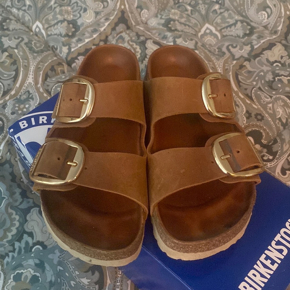Birkenstock Brown Sandals with Gold Buckles